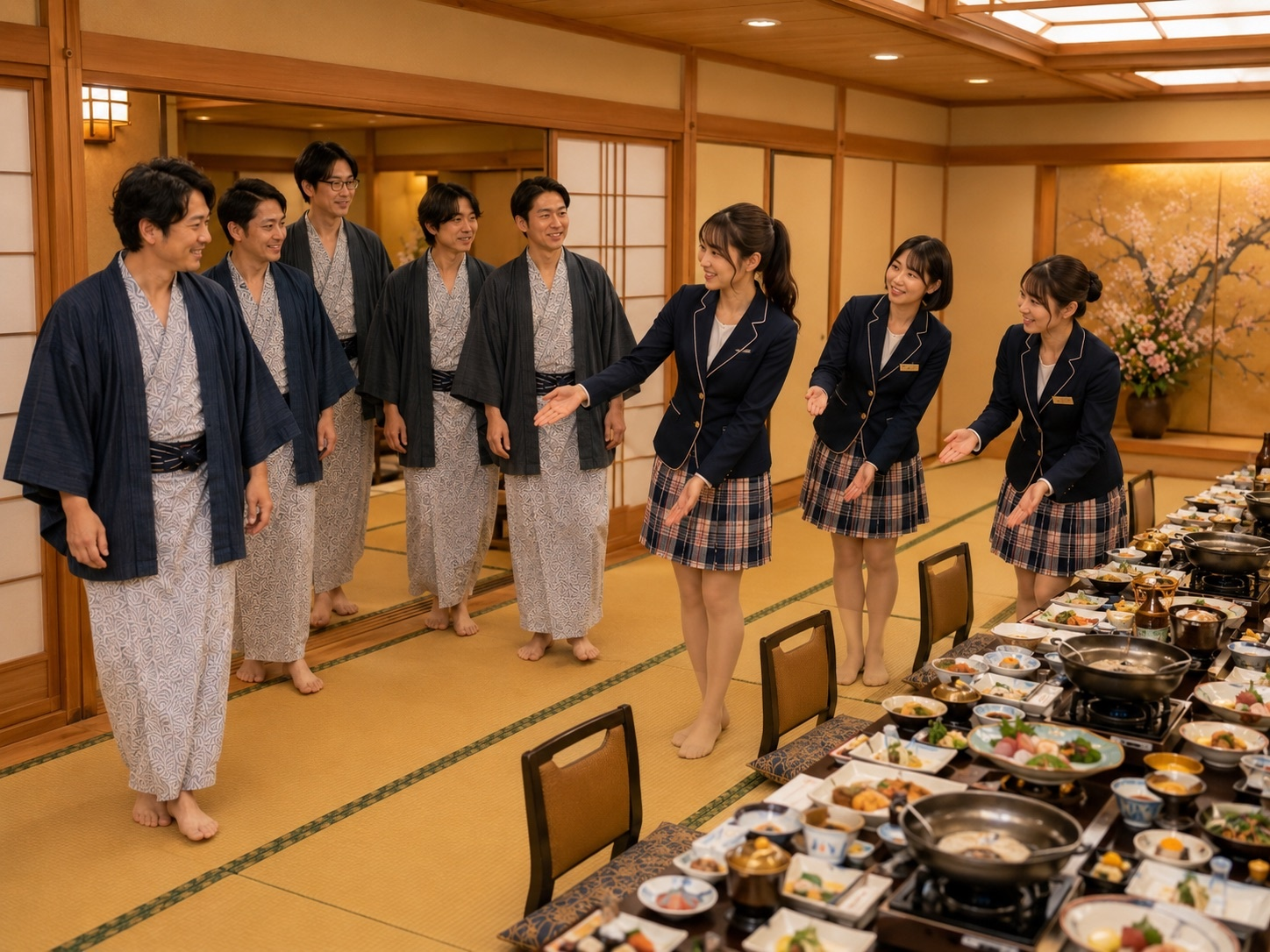 旅館で団体のお客様をお迎えするロビーイメージ