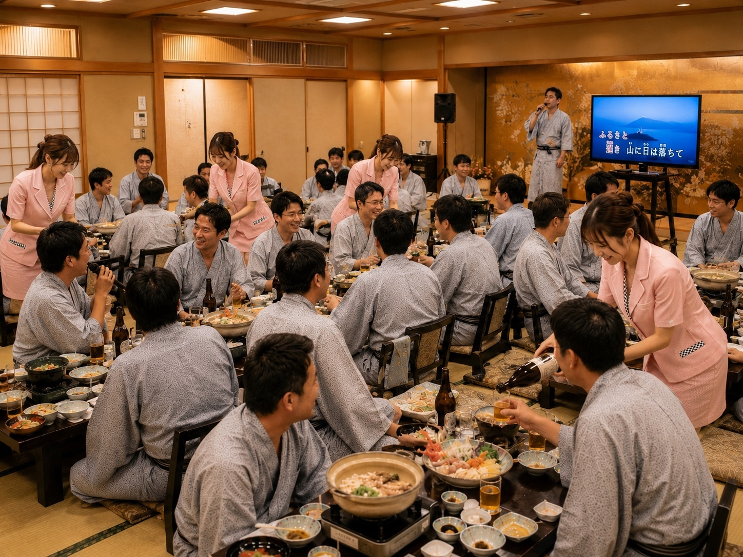 旅館宴会で団体のお客様と女性コンパニオンが楽しい時間を過ごす様子