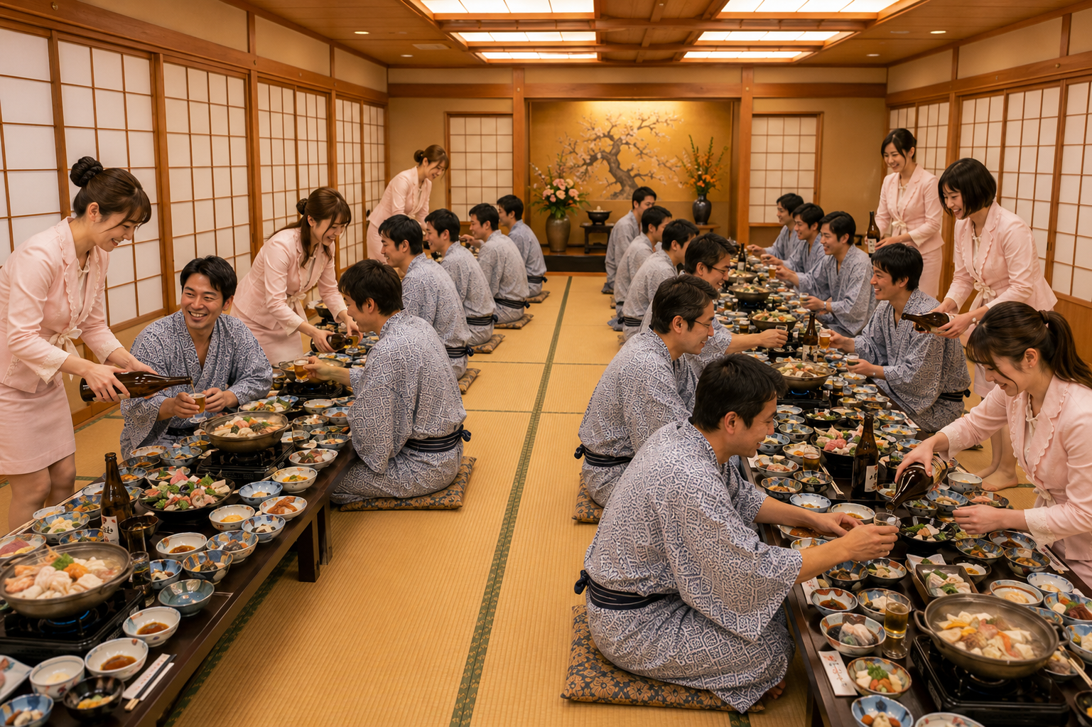 団体宴会で楽しく交流する旅館会食イメージ