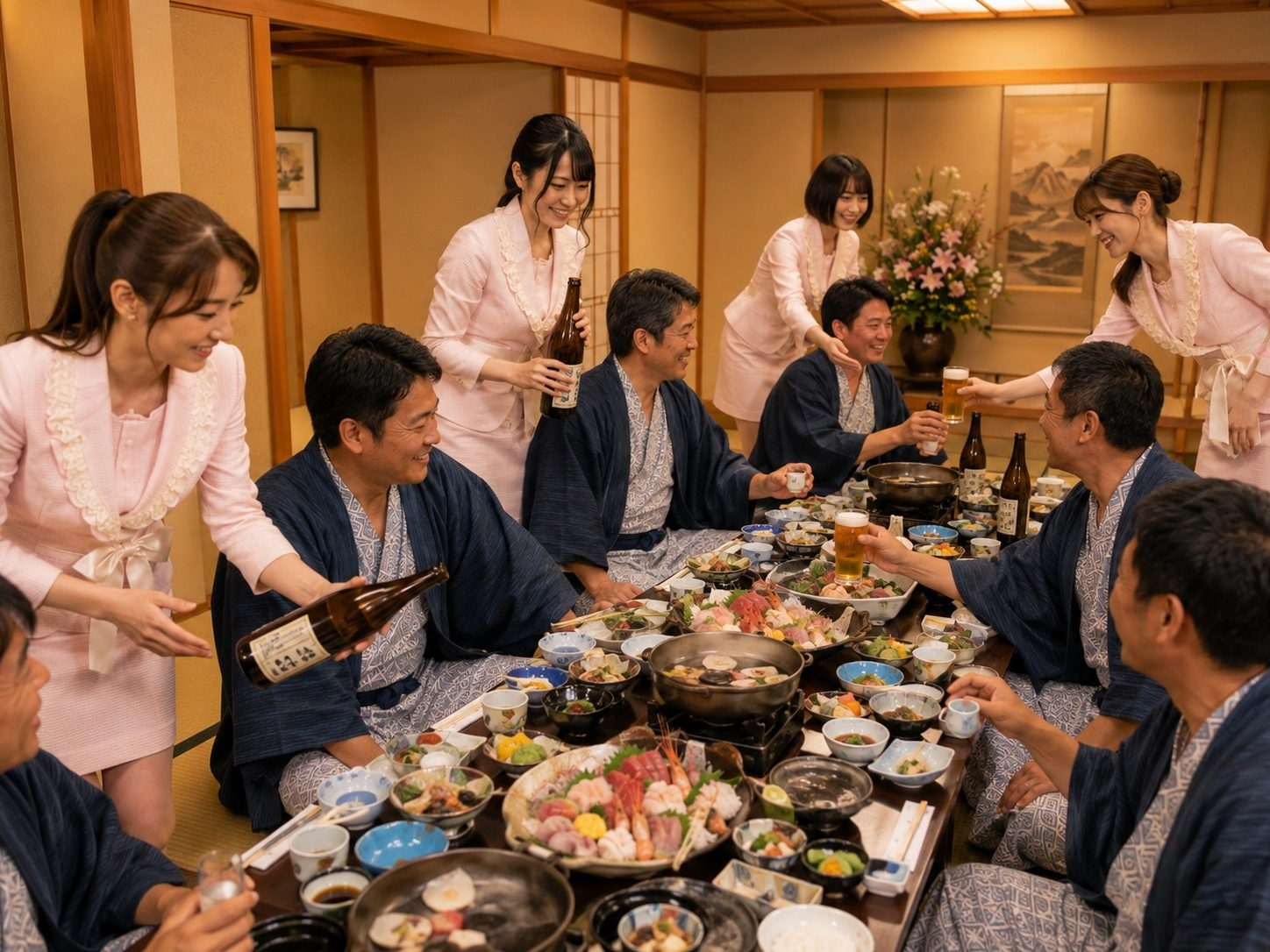 旅館宴会で団体のお客様が食事を楽しむイメージ